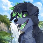  1:1 absurd_res anthro black_body black_fur black_hair black_nose blue_sky bust_portrait canid cloud corzh77 fangs fur glistening glistening_eyes green_eyes green_hair green_pupils green_tongue grey_body grey_fur hair hi_res jewelry looking_at_viewer male mammal multicolored_hair necklace nude open_mouth open_smile outside plant portrait pupils shrub sky smile solo tongue two_tone_hair unsigned waterfall 