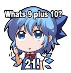  1girl blue_dress blue_eyes blue_hair bow cirno dress english_text hair_ornament hand_on_own_face jokanhiyou looking_up lowres math open_mouth red_bow short_sleeves solo thinking touhou white_background 