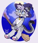  anthro bell bell_collar blue_collar blue_eyes bottomless bottomless_male broom broom_riding chibi claws cleaning_tool clothed clothing cloud collar digital_media_(artwork) dipstick_ears dipstick_fingers dipstick_tail dipstick_toes domestic_cat egyptian_mau eyewear fangs felid feline felis fleurfurr fur glasses gold_bell grey_body hair halloween happy hat hat_only headgear headgear_only headwear headwear_only hi_res holidays light magic_user male mammal markings moon moonlight mostly_nude mostly_nude_male multicolored_ears multicolored_tail night_sky nixuelle open_mouth pawpads paws sky smile solo spots spotted_markings star tail_markings tongue topless topless_male witch witch_hat 