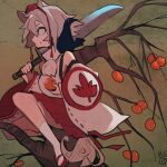  1girl animal_ears apple bangs bare_shoulders eating food fruit full_body holding holding_food holding_fruit holding_sword holding_weapon inubashiri_momiji maaru_(akira428) one-hour_drawing_challenge red_eyes red_skirt shield shirt short_hair signature sitting_on_branch skirt socks solo sword touhou tree weapon white_hair white_shirt white_sleeves white_socks wolf_ears wolf_girl zouri 