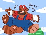 2022 4:3 after_transformation anthro balls belly big_balls canid canine clothing facial_hair fanatictanuki genitals hat headgear headwear hi_res male mammal mario mario_bros mustache nintendo overals overweight overweight_male penis raccoon_dog shirt solo tanuki topwear video_games 
