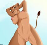  anthro big_breasts breasts disney felid female genitals hands_behind_head hi_res lion mammal nala nipples pantherine pussy sempers simple_background sky smile smiling_at_viewer solo sunny the_lion_king 