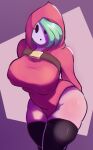  2022 absurd_res belt big_breasts breasts clothed clothing curvy_figure female green_hair hair hi_res hood hoodie hourglass_figure human humanoid larger_female latex legwear light-kinned_female light_body light_skin looking_at_viewer mammal mario_bros mask nintendo not_furry nyankyun540 purple_background shaded shyguy simple_background size_difference solo standing stockings thick_thighs topwear video_games voluptuous white_body white_skin wide_hips 