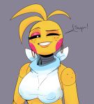  animatronic anthro avian bib big_breasts bird black_sclera blonde_hair blush blush_stickers breasts chicken clothing digital_drawing_(artwork) digital_media_(artwork) ear_piercing ear_ring english_text exclamation_point female five_nights_at_freddy&#039;s five_nights_at_freddy&#039;s_2 freckles galliform gallus_(genus) hair hi_res lips looking_at_viewer machine nipples one_eye_closed phasianid piercing pupils ring_piercing robot scottgames sharp_teeth simple_background smile solo speech_bubble teeth text topwear toy_chica_(fnaf) translucent translucent_clothing translucent_topwear video_games white_clothing white_pupils white_topwear wink winking_at_viewer yellow_body zhenai 