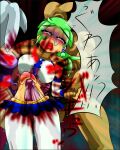  1girl artist_request breasts closed_eyes green_hair kochiya_sanae large_breasts magical_girl navel non-web_source open_mouth ryona source_request touhou 