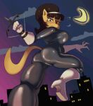  absurd_res action_pose anthro butt city city_background clawed_fingers clothing colored domestic_cat felid feline felis female foreshortening hi_res jumping jumpsuit kitty_katswell kryadrawgin looking_at_viewer looking_back mammal moon nickelodeon night pose rear_view solo t.u.f.f._puppy tight_clothing 