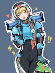  ! !! 1girl absurdres apex_legends armor bai_lan_mei_yitian bangs black_bodysuit blonde_hair blue_eyes blue_gloves blush bodysuit breastplate chinese_commentary clenched_hand covered_navel gloves grey_background head_tilt heart highres lightning_bolt_symbol looking_at_viewer nessie_(respawn) official_alternate_costume open_hand scar scar_on_cheek scar_on_face smile star_(symbol) straight-on wattson_(apex_legends) white_helmet wired_for_speed_wattson 