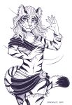  2022 5_fingers anthro bethesda_softworks breasts claws clothed clothing dancer_outfit dancing ear_piercing ear_ring fangs felid female finger_claws fingers fur hair hi_res humanoid_hands khajiit mammal midriff navel piercing riilitha ring_piercing sketch smile snowsnow11 solo striped_body striped_fur stripes the_elder_scrolls traditional_media_(artwork) video_games 