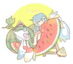  1girl bare_legs barefoot blue_eyes blue_hair dawn_(pokemon) food froslass fruit hair_ornament katiko long_hair miniskirt no_nose pachirisu pink_skirt pokemon pokemon_(creature) pokemon_(game) pokemon_dppt sitting skirt snorunt watermelon watermelon_slice 