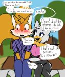  anthro asocialdollnsfw canid canine chiropteran duo english_text female fox hi_res male male/female mammal miles_prower public rouge_the_bat sega sonic_the_hedgehog_(series) teasing text 
