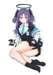  1girl absurdres ass black_panties black_socks blue_archive blue_eyes blush breasts cellphone halo highres jacket kawajuu long_hair looking_at_viewer necktie panties phone purple_hair sitting skirt smartphone socks solo tears two_side_up underwear yuuka_(blue_archive) 