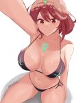  1girl absurdres bangs bikini black_bikini breasts breasts_apart chest_jewel closed_mouth dangle_earrings dayman earrings hair_between_eyes highres jewelry large_breasts navel pyra_(xenoblade) red_bikini red_eyes red_hair selfie short_hair side-tie_bikini_bottom single_earring smile solo swept_bangs swimsuit tiara twitter_username white_background xenoblade_chronicles_(series) xenoblade_chronicles_2 