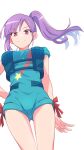  1girl bare_arms blue_jumpsuit breasts closed_mouth floating_hair gundam gundam_zz highres jumpsuit junjonta long_hair looking_at_viewer medium_breasts purple_hair red_eyes red_ribbon ribbon roux_louka shiny shiny_hair short_jumpsuit short_sleeves side_ponytail simple_background smile solo standing star_(symbol) star_print thigh_gap white_background 