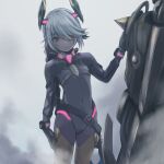  1girl bodysuit braid colored_skin covered_navel flat_chest fog grey_hair grey_skin highres long_hair mecha red_eyes robot segiri_(xenoblade) xenoblade_chronicles_(series) xenoblade_chronicles_3 yazwo 