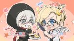  +_+ 2girls animification apex_legends black_jacket black_shirt blue_eyes chibi chinese_commentary crossover english_text food glasses grey_eyes grey_hair highres holding holding_food holding_knife holding_plate hood hood_up hooded_jacket jacket knife kunai labcoat mechanical_wings mercy_(overwatch) multiple_girls overwatch plate red_scarf rift_stalker_wraith sanshimar scarf shirt shrimp shrimp_hair_ornament shrimp_tempura smile tempura watermark weapon wings wraith&#039;s_kunai wraith_(apex_legends) 