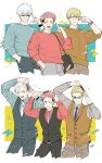  3boys :p adjusting_eyewear black_suit black_vest blonde_hair blue_eyes blue_necktie blue_sweater brown_eyes brown_pants brown_sweater brown_vest collared_shirt comb commentary formal glasses gojou_satoru hairdressing hand_in_pocket highres holding holding_comb itadori_yuuji jujutsu_kaisen long_sleeves looking_at_viewer male_focus multiple_boys nanami_kento necktie one_eye_closed open_mouth pants red_shirt red_sweater shirt short_hair ssss7777_7 suit sunglasses sweater symbol-only_commentary teeth tongue tongue_out upper_teeth vest watch white_hair 