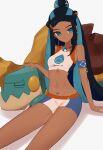  1girl aqua_eyes aqua_hair arm_support armlet belly_chain bike_shorts black_hair breasts closed_mouth commentary dark-skinned_female dark_skin drednaw earclip earrings hair_bun highres hoop_earrings jewelry long_hair multicolored_hair navel necklace nessa_(pokemon) nuneno pokemon pokemon_(creature) pokemon_(game) pokemon_swsh single_hair_bun sitting two-tone_hair 