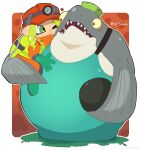  &lt;3 anthro belly big_shot_(splatoon) blush cannonball cephalopod clothing duo embrace fish flat_top green_hair grey_body hair hi_res hug humanoid ink kiirono_16 male marine mollusk nintendo octarian octoling one_eye_closed overalls overweight salmonid_(splatoon) size_difference splatoon video_games wink 