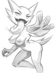  2022 4_fingers anthro biped bodily_fluids breasts butt claws digital_media_(artwork) female finger_claws fingers generation_1_pokemon greyscale haunter hi_res long_tongue looking_at_viewer monochrome nintendo nipples pinktaco pokemon pokemon_(species) saliva simple_background solo tongue tongue_out video_games white_background 