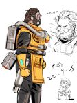  1boy anger_vein apex_legends beard black_bodysuit bodysuit brown_hair catz3 caustic_(apex_legends) chinese_commentary clenched_hands dated facial_hair gas_mask gloves goggles hair_behind_ear hair_slicked_back hazmat_suit highres male_focus mask multiple_views sitting sketch v-shaped_eyebrows white_background yellow_gloves 