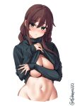  1girl alternate_costume bangs blush braid breasts brown_hair clothes_lift covering covering_breasts cowboy_shot cropped_torso ebifurya green_eyes highres kantai_collection large_breasts lifted_by_self looking_at_viewer midriff navel noshiro_(kancolle) solo stomach sweater sweater_lift swept_bangs twin_braids twitter_username white_background 