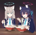  2girls absurdres animal_ear_fluff animal_ears black_hair blue_archive blue_eyes blue_jacket blue_necktie brown_background chopsticks eating goyain gradient gradient_background grey_hair highres jacket looking_at_viewer mismatched_pupils multiple_girls necktie red_eyes serika_(blue_archive) shiroko_(blue_archive) shirt steam twintails white_shirt 