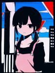  1girl asahina_hiyori asymmetrical_bangs bangs black_eyes black_hair black_shirt blue_sky blunt_bangs building cable cloud cloudy_sky collarbone empty_eyes expressionless highres iyowa_(igusuri_please) kagerou_project looking_at_viewer low_twintails off-shoulder_shirt off_shoulder puffy_short_sleeves puffy_sleeves raised_eyebrows road_sign shirt short_sleeves sidelocks sign sky skyscraper solo suspenders suspenders_slip twintails upper_body utility_pole 