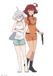  2girls ahoge aqua_eyes aqua_shorts bangs barefoot black_socks bodysuit collarbone covered_navel crossed_arms dated full_body grey_eyes grey_hair gundam gundam_suisei_no_majo highres holding_hairband light_frown long_hair looking_at_another looking_at_viewer low_ponytail miorine_rembran multiple_girls one_eye_closed orange_bodysuit red_hair shorts simple_background socks standing suletta_mercury swept_bangs takatisakana thick_eyebrows undershirt white_background 