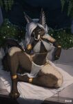  anthro canid canine canis claws detailed_background digit_ring ear_piercing female foxovh fur hair harem_outfit hi_res illustration jackal jewelry liora long_hair looking_at_viewer mammal night piercing pinup plant pose ring sitting toe_ring translucent white_hair yellow_eyes 