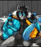  ailurid alcohol anthro balls bed beverage bulge clothed clothing cyberpunk drinking english_text erection fur furniture genitals hi_res jacket male mammal midnight_blue muscular muscular_anthro muscular_male nipples nude penis red_panda simple_background smile solo text topwear underwear whiskey 