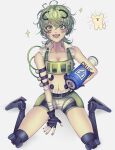  1girl absurdres apex_legends arm_tattoo bangs black_gloves breasts cleavage collarbone crop_top fingerless_gloves genderswap genderswap_(mtf) gloves goggles goggles_on_head green_eyes green_hair green_nails grey_shorts highres holding kila_killer looking_at_viewer mechanical_legs medium_breasts medium_hair midriff navel octane_(apex_legends) open_mouth sharp_teeth shorts sitting smile solo sparkle tattoo teeth wariza 