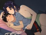  1boy 1girl age_difference black_shorts breasts crying cum ejaculation green_towel handjob hetero highres ikari_shinji katsuragi_misato naked_towel neon_genesis_evangelion onee-shota open_mouth penis_grab purple_hair shorts smile tamabon_(koutetsu_shabondama) teeth towel 