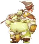  2022 belly big_belly bottomwear chiro_(artist) clothing green_body hi_res humanoid loincloth male moobs nipples orc overweight overweight_male simple_background solo weapon 