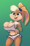  2022 absurd_res anthro big_breasts blonde_hair bodily_fluids breasts buckteeth cleavage clothed clothing female fur green_eyes hair hi_res lagomorph leporid lola_bunny looney_tunes mammal midriff multicolored_body multicolored_fur navel open_mouth open_smile rabbit simple_background siroc smile solo space_jam sweat tan_body tan_fur teeth two_tone_body two_tone_fur warner_brothers 