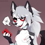  2019 anthro barbell_piercing bone breasts bust_portrait canid canid_demon canine chipped_ear clothing collar collar_only colored demon fangs female fingerless_gloves fur glistening glistening_body gloves grey_hair hair handwear hellhound helluva_boss hi_res inner_ear_fluff long_hair looking_at_viewer loona_(helluva_boss) mammal nipple_piercing nipples nude piercing portrait red_sclera simple_background skull skull_and_crossbones small_breasts smile solo speech_bubble spiked_collar spikes teeth tuft vesperinox white_body white_eyes white_fur 