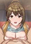  1boy 1girl bangs blurry blurry_background blush breast_squeeze breasts brown_eyes brown_hair censored cleavage clothed_female_nude_male collarbone erere hair_ornament hairclip hetero idolmaster idolmaster_shiny_colors kuwayama_chiyuki large_breasts long_hair long_sleeves looking_at_viewer mosaic_censoring nail_polish nude open_mouth paizuri penis pov pov_crotch smile solo_focus sweat 