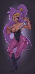  2022 blue_eyes breasts capcom cleavage clothed clothing cosplay crossover crossover_cosplay darkstalkers female genie hair hi_res humanoid humanoid_pointy_ears long_hair morrigan_aensland not_furry ponytail purple_hair ruruduu shantae shantae_(series) smile solo thick_thighs video_games wayforward wide_hips 