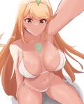  1girl absurdres armpit_crease bangs bikini blonde_hair breasts breasts_apart chest_jewel dangle_earrings dayman earrings highres jewelry large_breasts long_hair mythra_(xenoblade) navel selfie side-tie_bikini_bottom single_earring solo swept_bangs swimsuit tiara twitter_username white_background white_bikini xenoblade_chronicles_(series) xenoblade_chronicles_2 yellow_eyes 