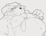  anthro belly blush canid canine clothed clothing hat headgear headwear kumazawow lifewonders line_art live-a-hero looking_at_viewer male mammal navel necktie nipples open_clothing open_shirt open_topwear overweight raccoon_dog shirt shoen solo tanuki topwear video_games 