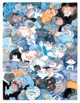  animal_ears black_fur blue_fur blush cat cat_ears cat_tail closed_eyes closed_mouth grey_fur maruti_bitamin open_mouth original red_pupils sitting sleeping slit_pupils striped_fur tail too_many too_many_cats white_fur 