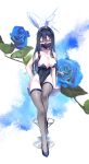  1girl alternate_costume animal_ears bangs bare_arms bare_shoulders black_hair black_leotard blue_archive blue_flower blue_rose breasts choker cleavage collarbone covered_navel flower full_body grey_eyes grey_thighhighs groin hairband halo high_heels highres kairu_(pixiv44336160) leotard long_hair looking_at_viewer mask medium_breasts mouth_mask playboy_bunny rabbit_ears rose saori_(blue_archive) sitting solo stool thighhighs 