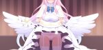  1girl ass_visible_through_thighs blue_archive blurry blurry_background blush bow bowtie breasts capelet clothes_lift cowboy_shot dress dress_lift garter_belt groin head_out_of_frame highres large_breasts lifted_by_self long_hair low_wings maririn mika_(blue_archive) open_mouth panties pink_hair smile solo teeth thighhighs underwear white_panties white_thighhighs wings 