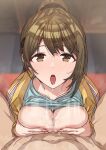  1boy 1girl bangs blurry blurry_background blush breast_squeeze breasts brown_eyes brown_hair censored cleavage clothed_female_nude_male collarbone drooling erere hair_ornament hairclip hetero idolmaster idolmaster_shiny_colors kuwayama_chiyuki large_breasts long_hair long_sleeves looking_at_viewer mosaic_censoring nail_polish nude open_mouth paizuri penis pov pov_crotch saliva saliva_on_penis solo_focus sweat tongue tongue_out 