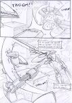  battle black_and_white building comic destroyed_vehicle destruction dialogue english_text kitfox-crimson machine mecha melee_weapon monochrome onomatopoeia police police_vehicle shooting sketch slicing smash smoke sound_effects speech_bubble star_symbol swing sword text weapon window zero_pictured 
