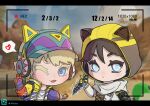  2girls absurdres animification apex_legends bangs black_hair blonde_hair blue_eyes blue_headwear cat_ear_headphones chibi chinese_commentary electricity gloves headphones heart highres holding holding_knife hood hood_up jacket knife letterboxed mou_kexue_de_yi_dali_pao multiple_girls no_pupils official_alternate_costume one_eye_closed purple_gloves recording scarf shirt short_hair smile spoken_heart thunder_kitty_wattson v viewfinder visor_cap void_prowler_wraith wattson_(apex_legends) white_jacket white_scarf white_shirt wraith&#039;s_kunai wraith_(apex_legends) yellow_jacket 