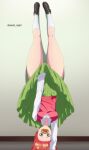  1girl arm_support asobi_night black_footwear blue_eyes breasts burger collarbone covering covering_crotch food food_in_mouth go-toubun_no_hanayome green_skirt hair_ornament handstand highres long_hair long_sleeves looking_at_viewer lycoris_challenge_(meme) lycoris_recoil medium_breasts meme nakano_itsuki parody red_hair red_vest scene_reference school_uniform shirt skirt socks solo star_(symbol) star_hair_ornament sweat thick_thighs thighs twitter_username upside-down vest white_shirt white_socks 