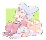  1boy back-to-back bede_(pokemon) blonde_hair closed_eyes coat evolutionary_line hatenna hatterene hattrem katiko multicolored_footwear no_nose on_lap open_mouth pokemon pokemon_(creature) pokemon_(game) pokemon_on_lap pokemon_swsh purple_coat shoes short_hair sitting sleeping 