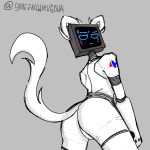  2022 ambiguous_gender anthro bellabot blush butt carrefour domestic_cat felid feline felis hi_res kerfus logo mammal pudu_robotics rear_view screen screen_face signature solo sraczkawirusowa white_body white_tail 