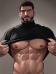  1boy abs bara bare_pectorals black_hair black_shirt chris_redfield closed_mouth clothes_lift facial_hair gr_goden highres large_pectorals male_focus muscular muscular_male navel nipples pectorals resident_evil resident_evil_village shirt shirt_lift short_hair solo upper_body 