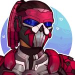  1boy apex_legends apex_legends_mobile black_bodysuit bodysuit brown_hair cable commission english_commentary fade_(apex_legends) grey_jacket hair_slicked_back heart highres jacket looking_at_viewer male_focus mask portrait red_armor solo zxidart 